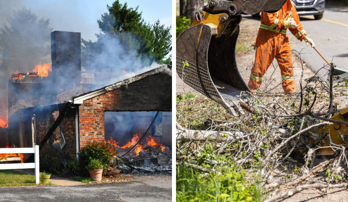 collage of fire and storm damage restoration