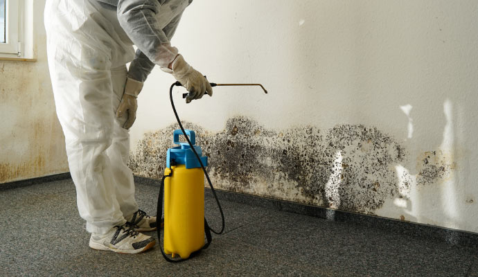 Person cleaning mold with equipment