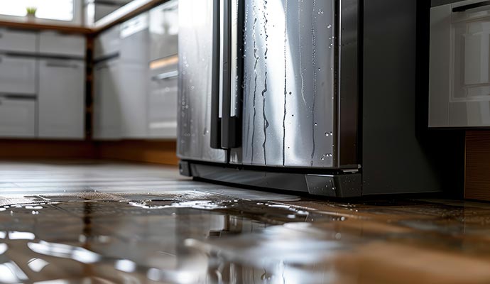 Damaged refrigerator leaking water