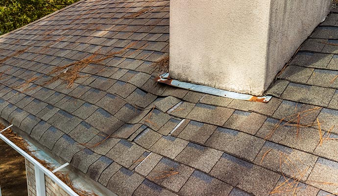 Close-up view of a damaged roof