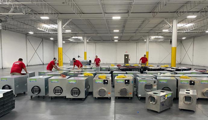 Workers in a warehouse with industrial dehumidifiers