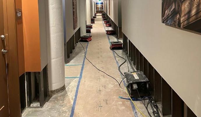 A hallway undergoing water damage restoration