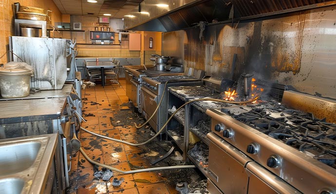 Charred commercial kitchen in fire