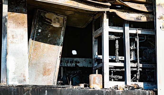 Rusted machinery and charred structures in an abandoned industrial site