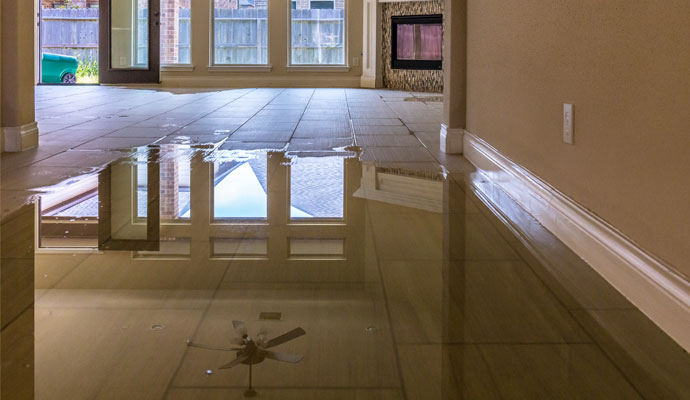 Flooded living room with significant water on the floor