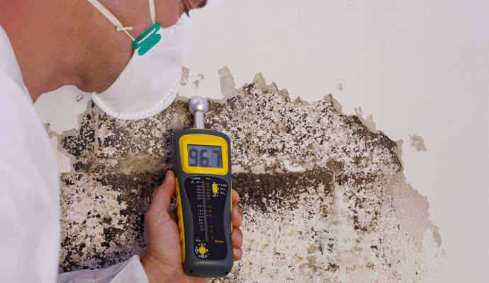 Person using a moisture meter to test a moldy wall.