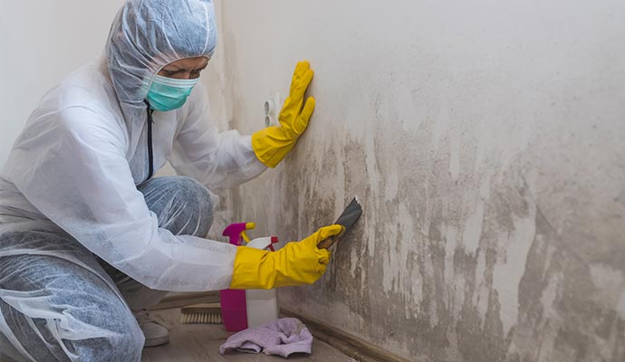 professional worker of cleaning mold from wall removal products mold removal service