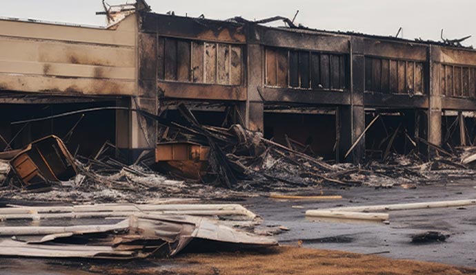 severely fire-damaged building with charred, collapsed roof and walls